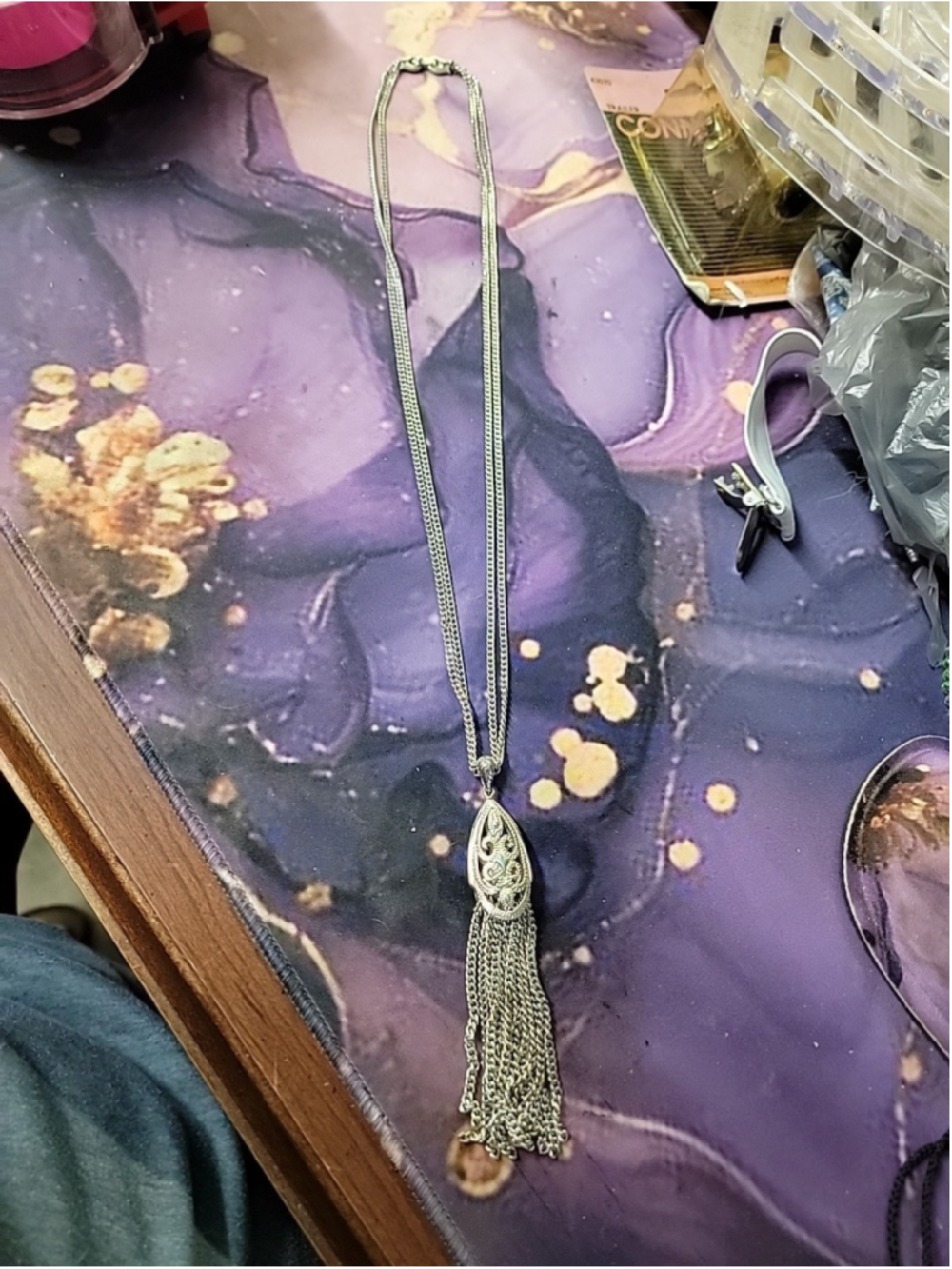 VINTAGE MONET SILVER TONE NECKLACE WITH TASSELS‎ - STUNNING! 26" CHAIN!